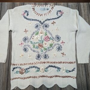 Shenanigans Large Long Sleeve Sweater With Ribbons & Pearls Couple Of Stains